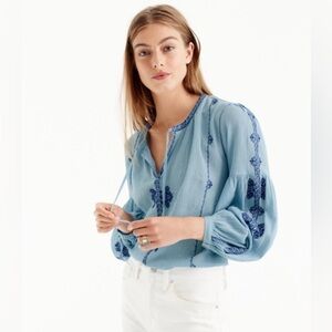 J.Crew Blue Embroidered Peasant Blouse Size 12